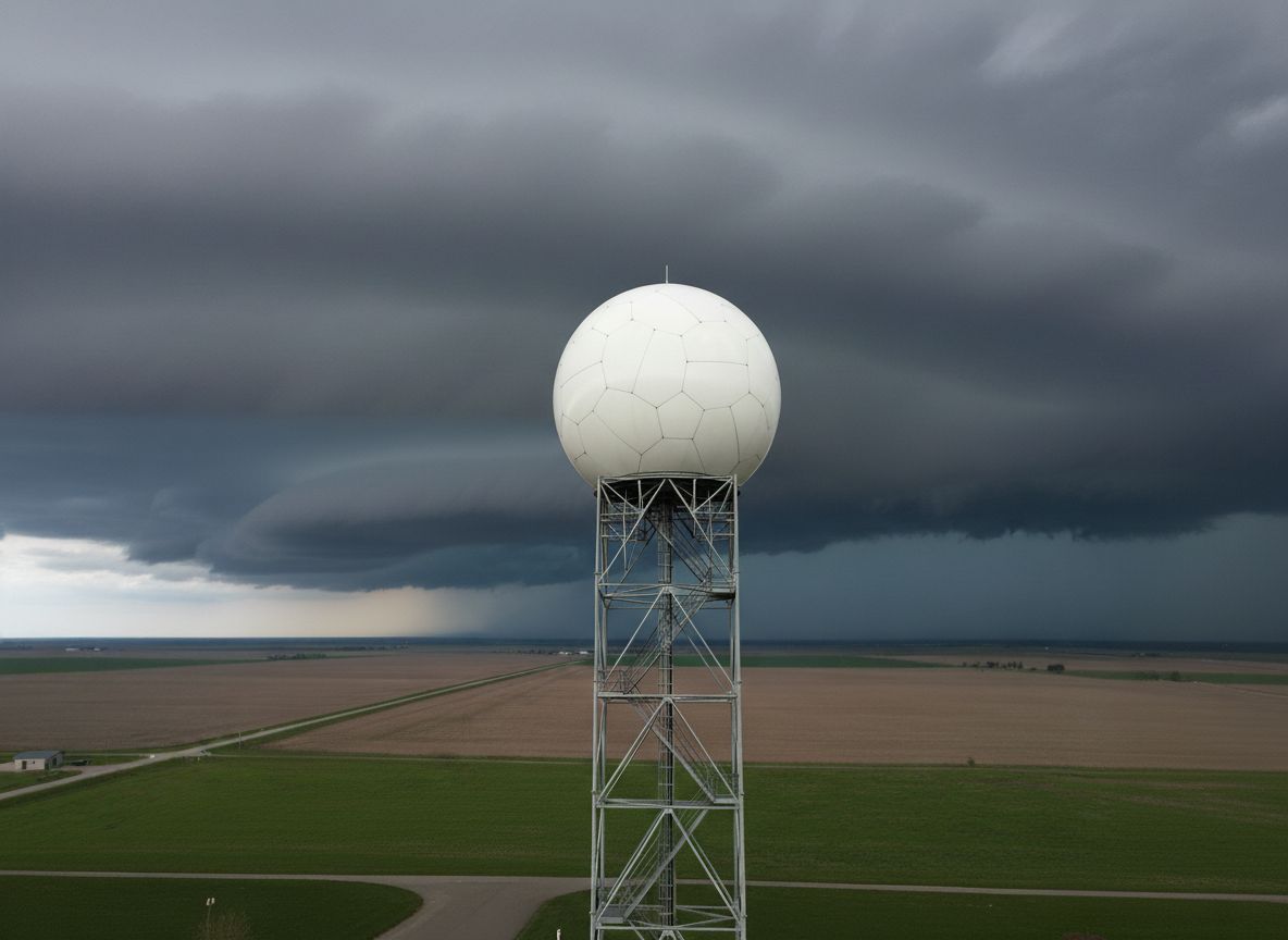 NEXRAD weather radar dome with dramatic shelf cloud storm approaching over agricultural plains